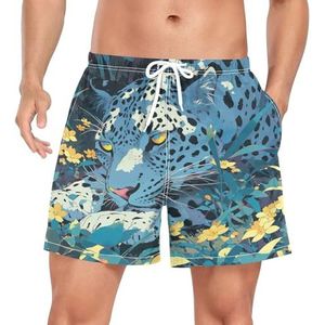 Niigeu Artistieke Jungle Leopard Flower Zwembroek voor heren, sneldrogend, met zakken, Leuke mode, L
