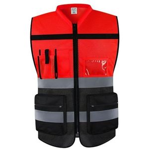 Generic Reflecterend vest Werkkleding Ademend met zakken Rits voor hondenuitlaatservice, Rood Zwart XL