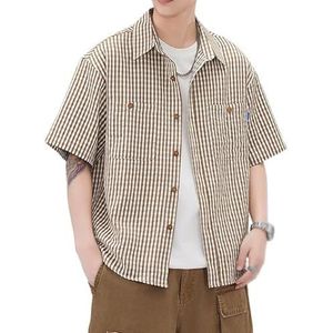 OHERUWKLS Heren Zomer Casual Los Gestreept Button Down Shirt Met Korte Mouwen En Zakken,Bruin,3XL
