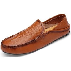 Heren loafers ronde neus effen kleur krokodillenprint leren loafer schoenen antislip platte hak lichtgewicht casual slip-ons (Color : Red Brown, Size : 43 EU)