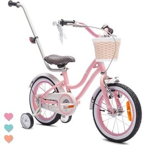 Heart Bike Fiets voor een meisje van 2 tot 6 jaar, 12, 14, 16 inch, met fietsbel, zijwieltjes, duwstang en stuurmandje (Roze, 14 inch)