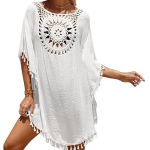 SkyjOy Cover Ups Voor Vrouwen Strandkleding Kant Strand Cover Up Vrouwen Bikini Badpak Kleine Kwastje Holle Jurk Losse Solide Badpakken Cover-Ups Beachwear Badpak Cover Ups Voor Vrouwen (Wit)