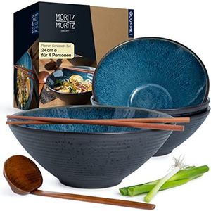 Moritz & Moritz 4 x Ramen kom keramiek - 24 cm - Blauwe Ramen Bowl Set voor 4 personen - voor soep, Pho Bowl en Sushi Bowl - incl. eetstokjes en lepel