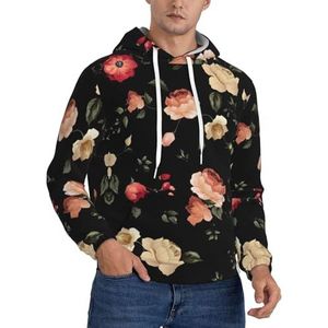 JEJEA Herfst Mooie Bloemenprint Heren Casual Hoodie,Lange Mouw Sweatshirt Comfort Ademend Gym Hoodie Met Zak, Zwart, L