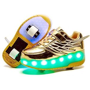 Meisjesrolschaatsen met LED, jongensschoenen met wielen, USB oplaadbare lichtgevende kinderschoenen, rolschaatsen, skateboardschoenen, outdoorsneakers for kinderen (28-40) (Color : Gold, Size : 37 E
