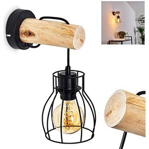 Wandlamp Gondo, wandlamp van metaal/hout in zwart/natuur, 1-lamp, 1 x E27-fitting, moderne wandspot in raster-look met aan/uit schakelaar aan de behuizing, zonder gloeilamp