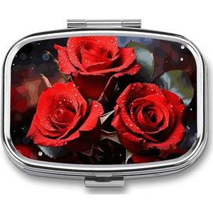 Pillendoos met spiegel 2 compartimenten draagbare romantische rode rozen pillenorganizer voor zak of portemonnee reizen medicijnen pillendoosje wekelijkse medicijnpillenhouder voor dagelijkse