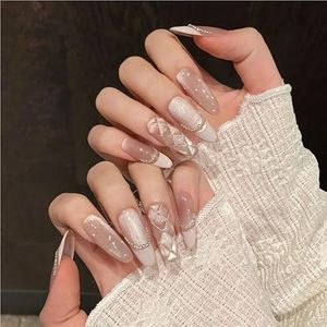 Handgemaakte Sweet Diamond Grid Decoratie Press-On Nagels Franse Glitter Roze Kattenoog Nepnagels Draagbare Herbruikbare Koreaanse Bruids Nepnagels(Orange,L)