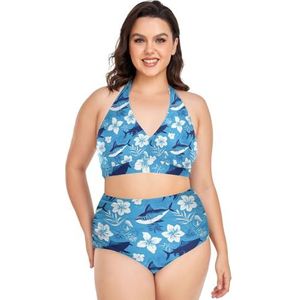 Blauw Daisy Shark Fish Vrouwen Bikini Sets Plus Size Badpak Twee Stukken Hoge Taille Strandkleding Meisjes Badpakken, Pop Fashon, 4XL