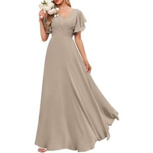 Chiffon bruidsmeisjesjurken voor dames, met split, baljurken, cocktailjurken, grote maten, Taupe, 32