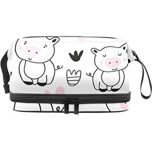 Dubbele Laag Cosmetische Tas Varken En Bloem Draagbare Make-up Tas Reizen Organizer Pouch voor Vrouwen Meisjes Toiletartikelen Tassen, Meerkleurig, 27x15x14 cm/10.6x5.9x5.5 in, Make-up zakje