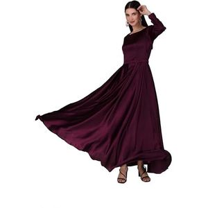 Estationeryhouse Elegante satijnen maxi-jurk met lange mouwen, Abaya, ritssluiting aan de zijkant, satijn, geplooid - Dupatta niet inbegrepen, Wijn, 38