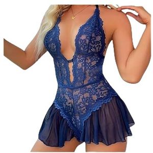 Lingerie, effenkleurige, ademende body met kant for dames, doorschijnende mesh body's(Blue,XXL)