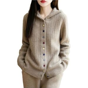 Dames Kasjmier Vesten Met Capuchon 2025 Lange Mouwen Wollen Trui Met Gekleurde Knopen Elegante Effen Tops Herfst Winter Zachte Warme Bovenkleding For Buiten, Kantoor(Brown,XX-Large)
