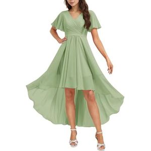 HPPEE Chiffon bruidsmeisjesjurk voor dames, met mouwen, geplooid, hoge lage V-hals, formele avondfeestjurk, Sage Groen, 32