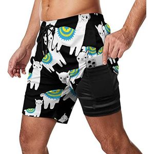 Leuke Animal Alpaca Llama Zwembroek voor heren, sneldrogend, 2-in-1 strandsportshorts met compressieliner en zak