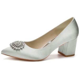 HFWXYSA Dames Bruids Trouwschoenen Chunky Blok Hak Jurk Pompen Satijn Kristal Gesloten Teen Bruidsmeisje Schoenen,Zilver,35 EU