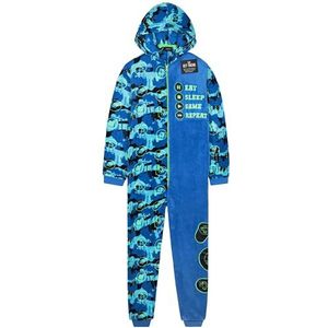 Get Trend Fleece onesie voor jongens tieners, loungewear met capuchon, warme pyjama, voetbal of gamen, gezellige jumpsuit, nachtkleding, cadeaus voor jongens, Blauw Gaming, 13-14 jaar