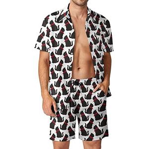 Zwarte kat patroon Hawaiiaanse bijpassende set 2-delige outfits button down shirts en shorts voor strandvakantie