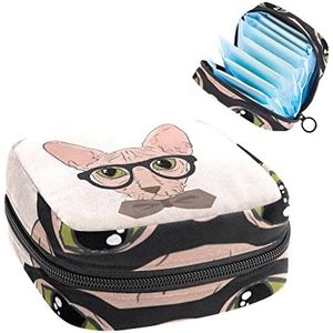 Hand Getrokken Kat Met Zwarte Bril 1-01, Periode Pouch Draagbaar, Tampon Opbergtas,Tampon Houder voor Portemonnee Vrouwelijke Product Organizer, Meerkleurig, 4.7x6.6x6.6 in/12x17x17 cm