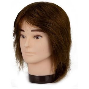 Mannequinhoofd van menselijk haar met haarbaard oefenpop kapperscosmetologie opleidingspop hoofd for haarstyling(One brown)