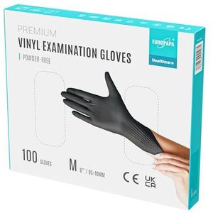 EUROPAPA® Vinylhandschoenen, wegwerphandschoenen, onderzoekshandschoenen, latexvrij, poedervrij, verkrijgbaar in maten S, M, L en XL, zwart, premium kwaliteit, 100 stuks