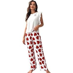 CMZYBBD Pyjama Voor Vrouwen Met Hartjespatroon - 2-Delige Loungewear Set Met Ronde Hals, Zachte Pjs, Bruidspyjama - Wit C-M