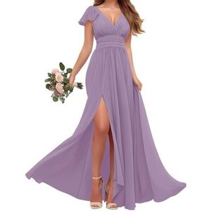 Chiffon bruidsmeisjes jurken met mouw - V-hals Empire taille plooi formele jurk, Wisteria, 32