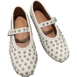 Dames Strass Ballet Flats Schoenen, Sparkly Gesp Leuke Ronde Neus Mary Jane Flats Ballerina Schoenen, Studded Verfraaid Casual Flats,Wit,39 EU