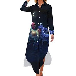 Moonlight Eenhoorn Maxi-jurk voor dames, lange mouwen, knoopsluiting, casual feestjurk, lange jurk, XL