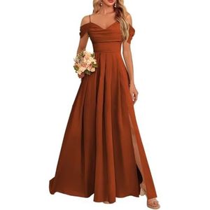 Dames chiffon bruidsmeisjes jurken met split lange galajurken ruches cocktailjurk plus size, Verbrand Oranje, 32