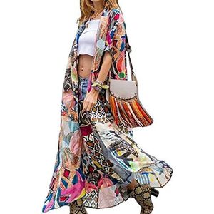 LikeJump Kimono, dames, lang, gebloemd, ochtendjas, cover-up, strand, bikini, maxi-jurk, plus size, zomergewaad, Multi kleuren 2, one size