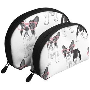 Make-uptas, reizen cosmetische tas 2 stuks draagbare clutch zakje set zakje organizer zwart frenchie cartoon Franse bulldog roze bril, zoals afgebeeld, Eén maat