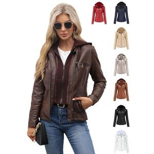 Dames Casual Opstaande Kraag Afneembare Capuchon PU Leren Jas Imitatieleren Jas Overgangsjas Met Capuchon Maten Capuchon Jas Lange Mouw Motorfiets Slim Fit Hoodie(Brown,7XL)
