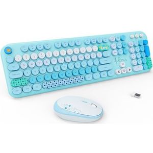 FOPETT Draadloos toetsenbord en muis combo - 2.4G full-size schattig kleurrijk retro toetsenbord met ronde keycaps 104 toetsen typemachine toetsenbord voor laptop/Windows/PC-blauw kleurrijk