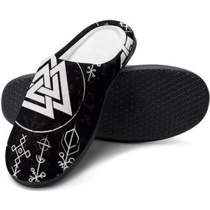 Individualiteit Stijlvolle Viking Platte Pantoffels voor Heren, Winterwarme Harige Katoenen Pantoffels voor Slaapkamer, Woonkamer, Rubberen Zool Pantoffels (Color : Valknut, Size : 7-8(40-41))