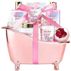 Badset voor vrouwen, luxe set voor thuis, rozenbad, geschenkmand, 10 stuks, inclusief douchegel, lichaams- en handlotion, badzout, badbal, spa-kaars, ontspannend oogmasker en meer, kerstcadeau voor