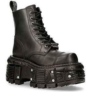 NEW ROCK Unisex TANK083-C1 echt leer Combat zwart platform biker militaire schoen laarzen, Zwart, 38 EU