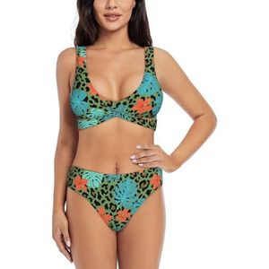 Zelinge Dames bikinisets sportief 2-delig badpak hoog getailleerd badpak S-XXL, Leopard Tropisch Oranje Groen, S