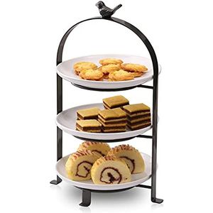 BestVida SparkWorks 3 gelaagde taartstandaard, theekransje serveerschaal, dessert en cupcake-standaard, metalen gelaagde serveerstandaard inclusief drie premium witte aardewerk borden
