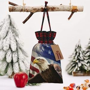 RLDOBOFE Amerikaanse VS Vlag Eagle Art print Kerst Gift Bag Kerst Trekkoord Tas Herbruikbare Gift Zakken Xmas Present Zakken met Gift Tag Stof Doek Zakken voor Kerstmis Thanksgiving Bruiloft Party