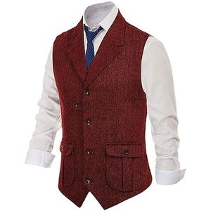 Heren Pak Vest Wollen Visgraatvest Slim Fit Vest Dagelijks Zakelijk Formeel Rood S