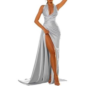 Satijnen bruidsmeisjesjurken voor dames, met split, lange baljurken, cocktailjurken, grote maten, Zilver, 32