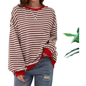 Women's Oversized Striped Long Sleeve Pullover Casual Classic Striped Crewneck Sweatshirt (M,Red)