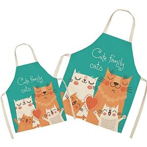Eyand Kookschort voor ouders en kinderen - linnen kookschort met schattig patroon voor mama en kinderen, kookschort met schilderij, Y-Family Cat, Adult: 25.6x30 inches, Kid: 17.7x22 inches