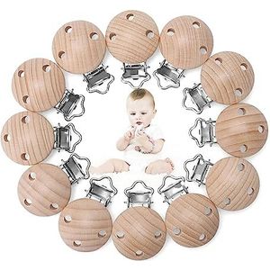 Kigniote Fopspeenclips, 12 stuks, hout, babyfopspeenkettingen, clips, voorkomt dat de fopspeen valt of verliezen, accessoires voor doe-het-zelf fopspeenketting, knutselen