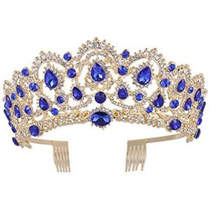Frcolor Tiara / kroon, haarsieraad, voor bruiloft, goudkleurig, tiara, met strass, voor dames en meisjes (blauw)
