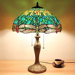 16 Inch Tiffany Stijl Tafellamp, Groene Libel Gebrandschilderd Glas Lamp, Glas Lampenkap Met Kristallen Kralen, Antieke Leesverlichting, Nachtlampje Voor Slaapkamer, Woonkamer