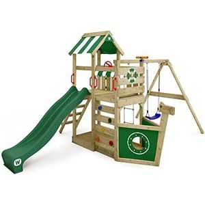 WICKEY speeltoestel klimtoestel SeaFlyer met schommel & groene glijbaan, outdoor klimtoren voor kinderen met zandbak, ladder & speelaccessoires voor de tuin
