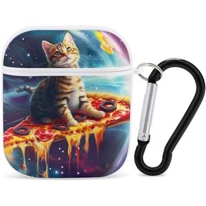 Cat On A Pizza Planet Leuke Case voor AirPods 2&1 Schokbestendige Beschermende Hoofdtelefoon Gevallen Cover Met Sleutelhanger voor Mannen Vrouwen
